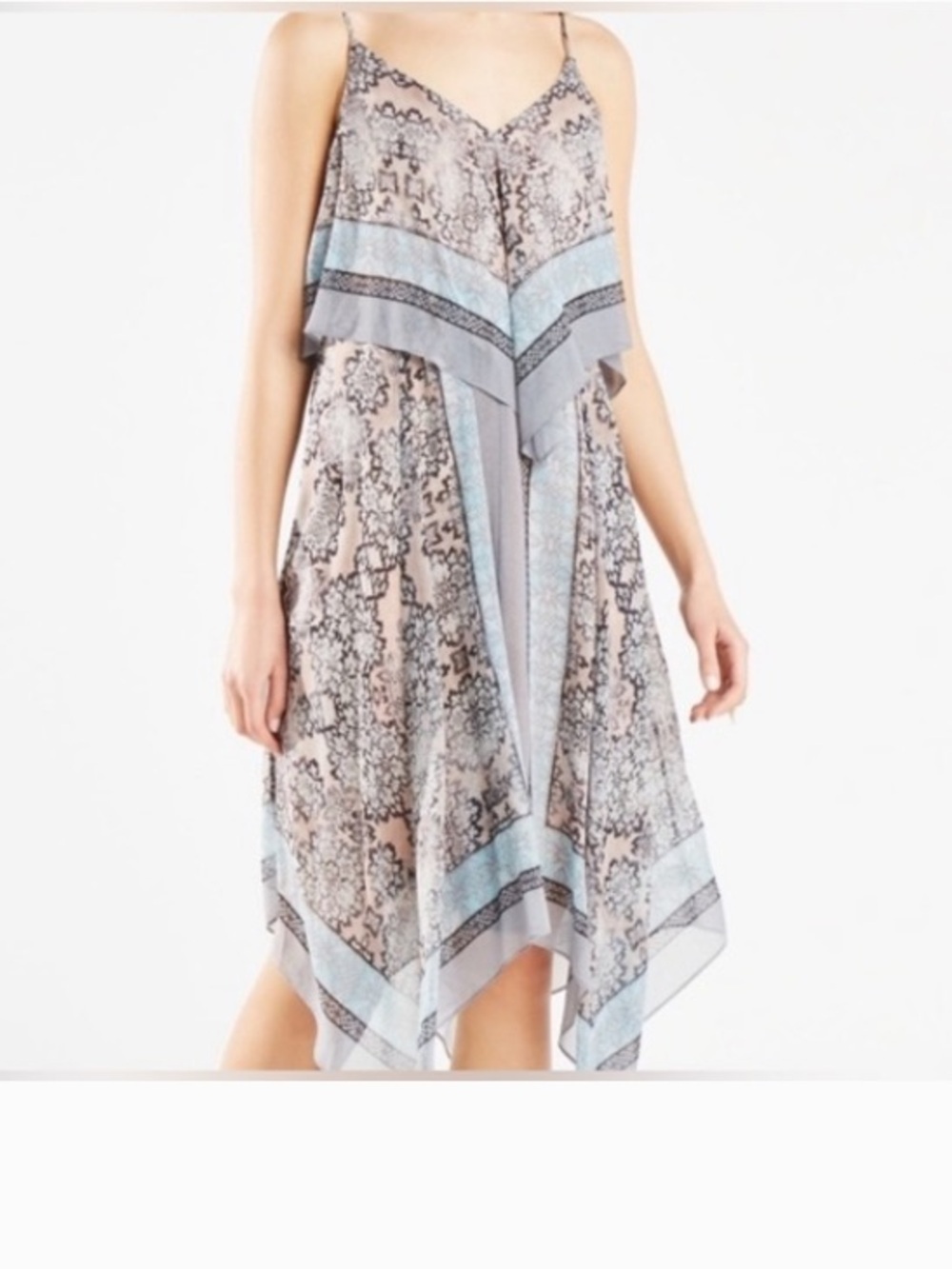 BCBGMaxAzria NWT Nova Blue Print Silk Asymmetrical Handkerchief Dress Sz S Boho